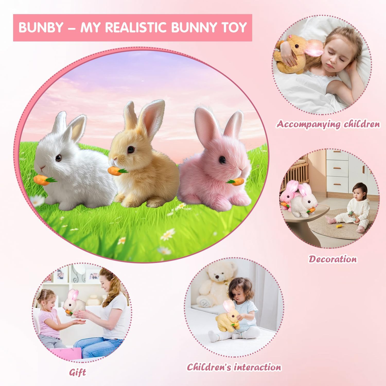 Bunby Brown Realistic Bunny Toy Interactive Stuffed Animal with Jumping Twitching Shaking Ears for Kids
