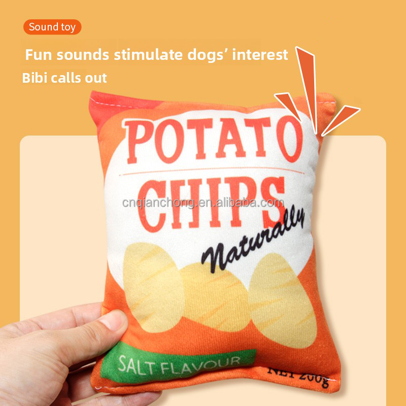 New Design Custom Stuffed Potato Chips Food Funny Interactive Pet Toys Eco-Friendly Cotton Pet Squeak Toy
