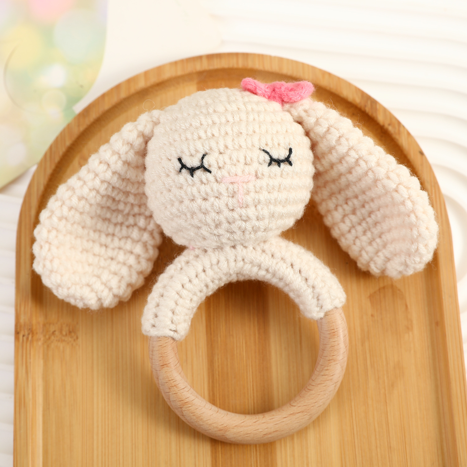 Baby Hand-Knitted Plush Wood Material Rattle Wooden Ring Sound Rabbit Hand-Rocking Bell Toy Comfort Doll Wholesale Customizable