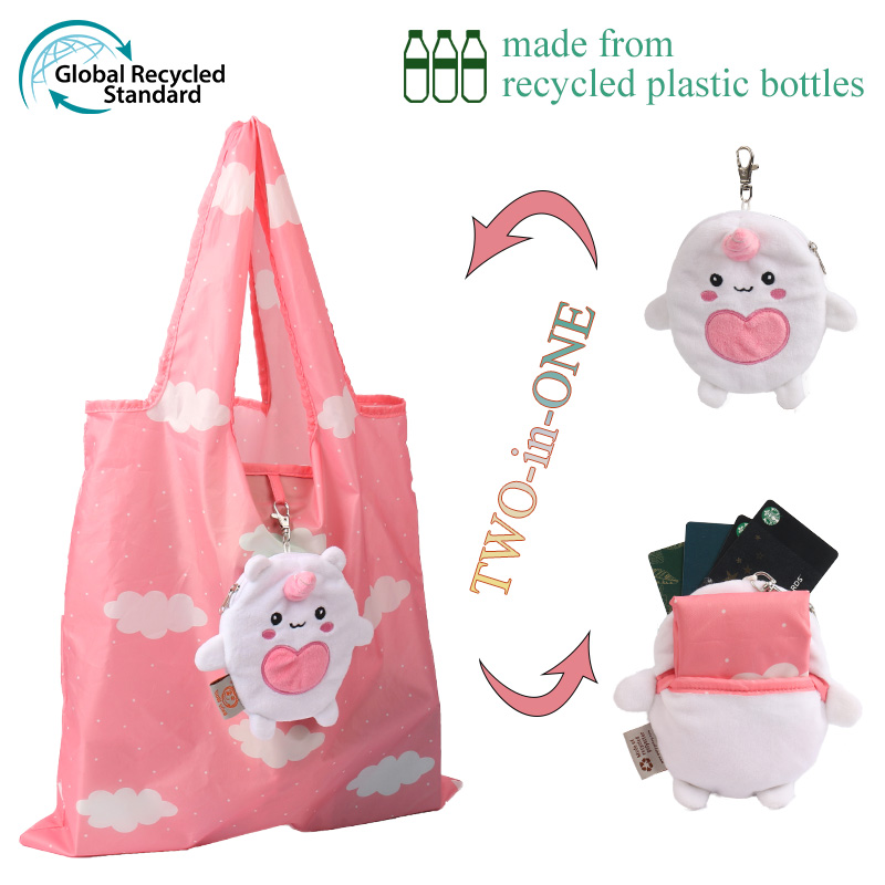 New Design 2-in-1 ECO Friendly Rpet Shopping Bag Unicorn Plush Toys Foldable Waterproof Reusable