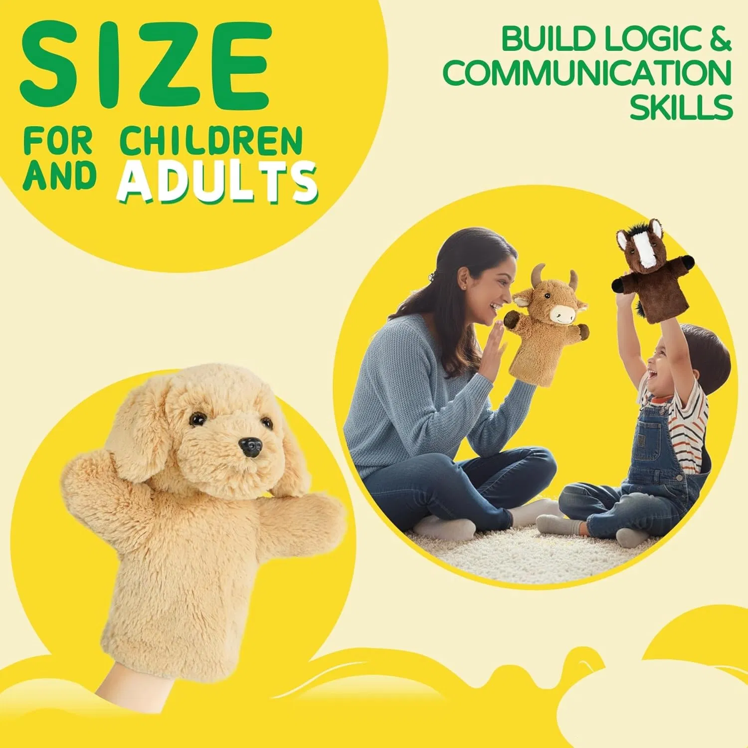 Dog Hand Puppet Domestic Animal Toy Educational Plush for Children Adults Kids Ages 4-8 Family Fun Interactive Play Storytelling Gift Dog