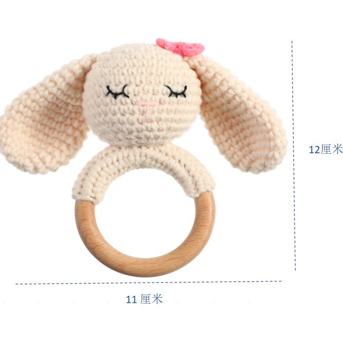 Baby Hand-Knitted Plush Wood Material Rattle Wooden Ring Sound Rabbit Hand-Rocking Bell Toy Comfort Doll Wholesale Customizable