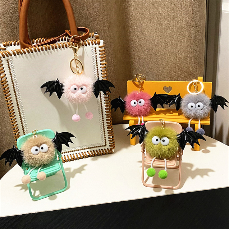 Kawaii Plush Keychains Toys Monster Hair Ball Elf Halloween Cartoon Plush Ball Keyring Cute Demon Bat Bag Decorate Small Gifts