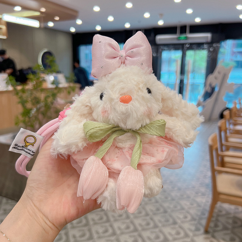 Cute Plush Bunny Keychain with Tulip &amp; Bow, Kawaii Rabbit Bag Charm, Soft Stuffed Animal Pendant for Girls
