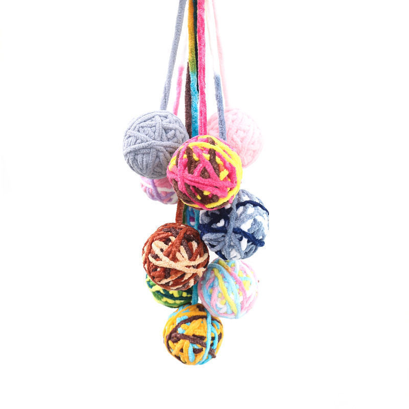 Factory Direct Sale Cross Border Eco-Friendly Durable Plush Cat Squeaky Interactive Teeth Cleaning Chew Toy Ball Bell Colored