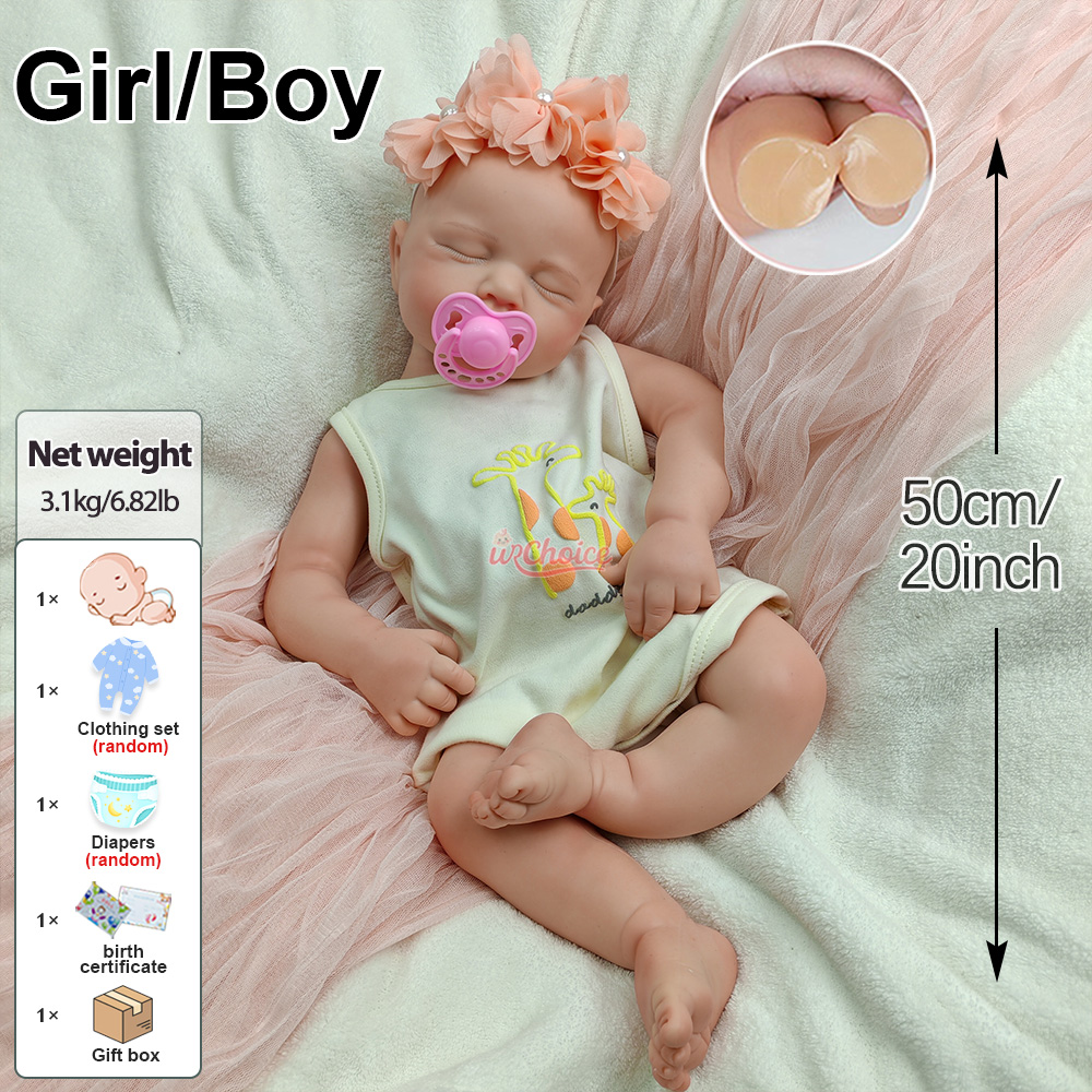 50CM Painted Silicone Reborn Doll LouLou Close Eyes Lifelike Newborn Handmade Open Mouth Toy Figure Birthday Gift