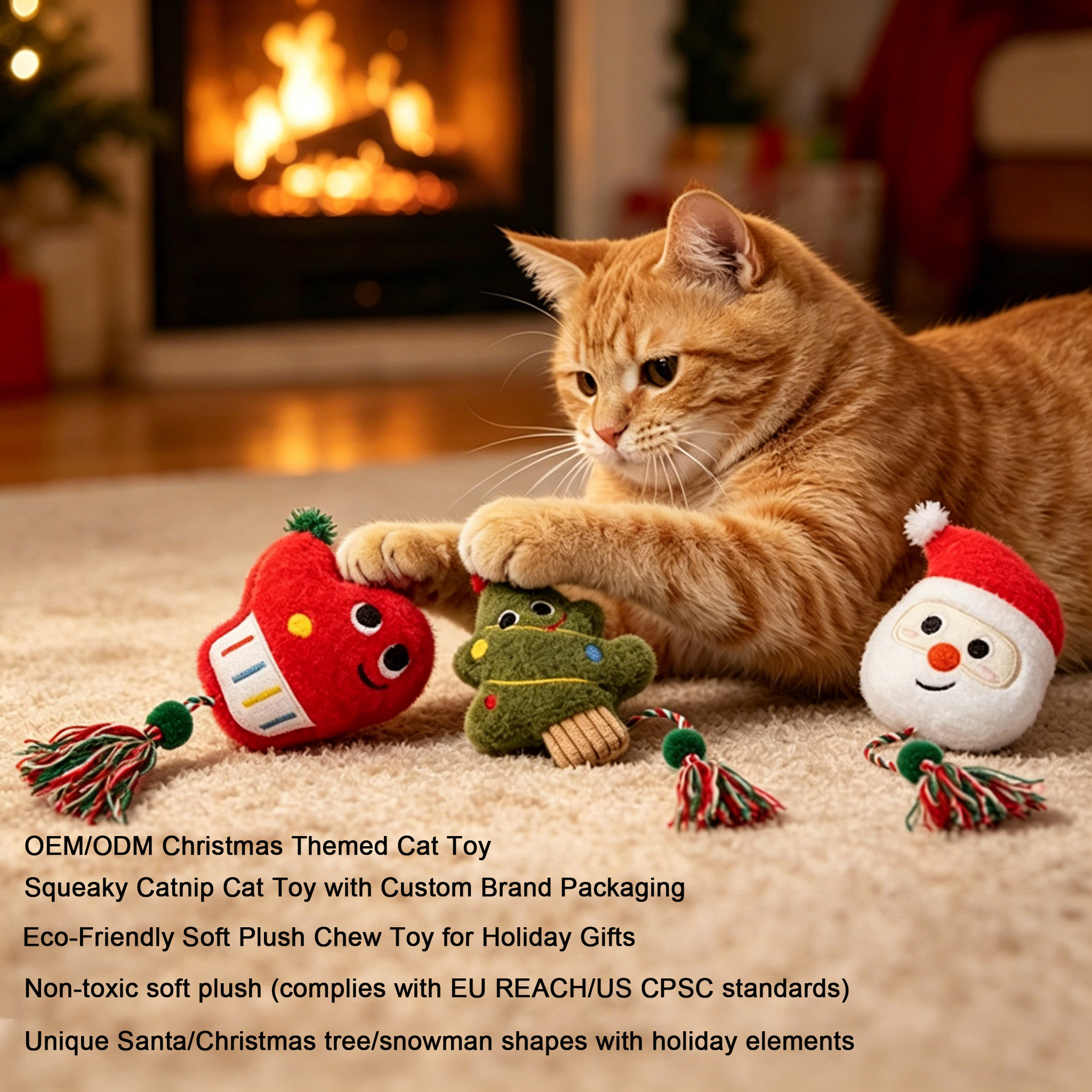 OEM/ODM Luxury Christmas Themed Durable Squeaky Catnip Cat Toy Custom Brand Packaging Eco-Friendly Soft Plush Chew Toy Holiday