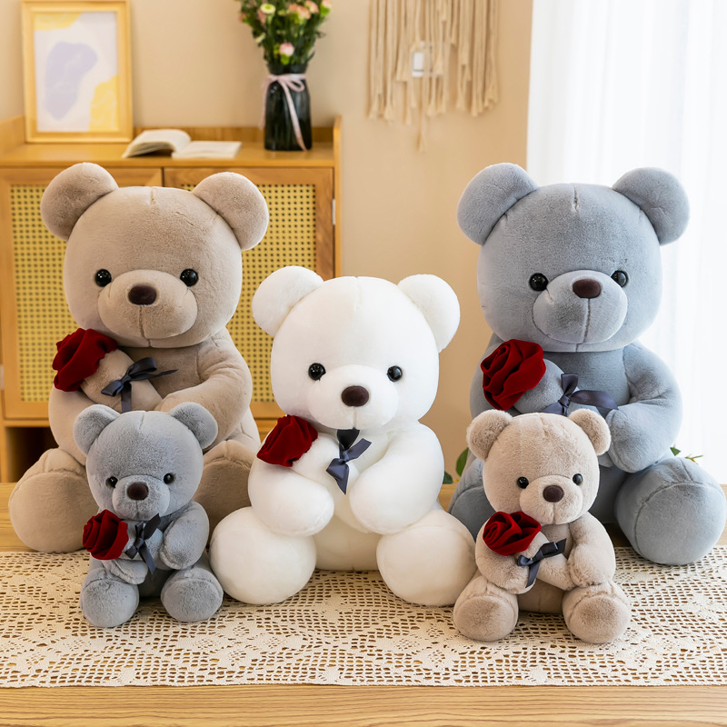 Factory Wholesale Cartoon Kawaii Customised Valentine Gift Lovely Hand-held Bow Rose Teddy Bear Plush Pillow Toy Mother's Day