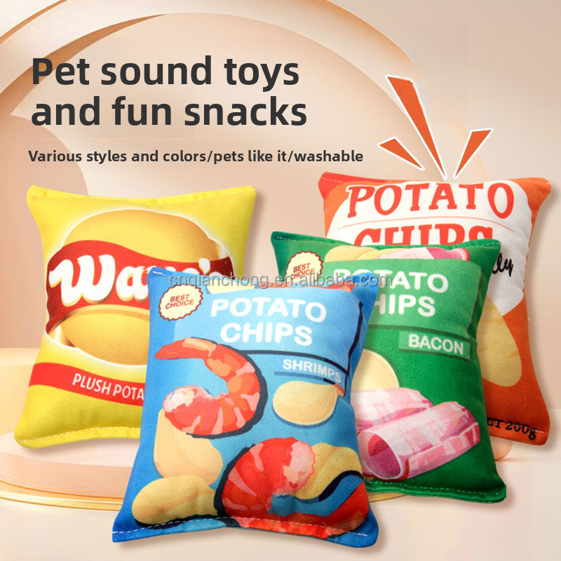 New Design Custom Stuffed Potato Chips Food Funny Interactive Pet Toys Eco-Friendly Cotton Pet Squeak Toy