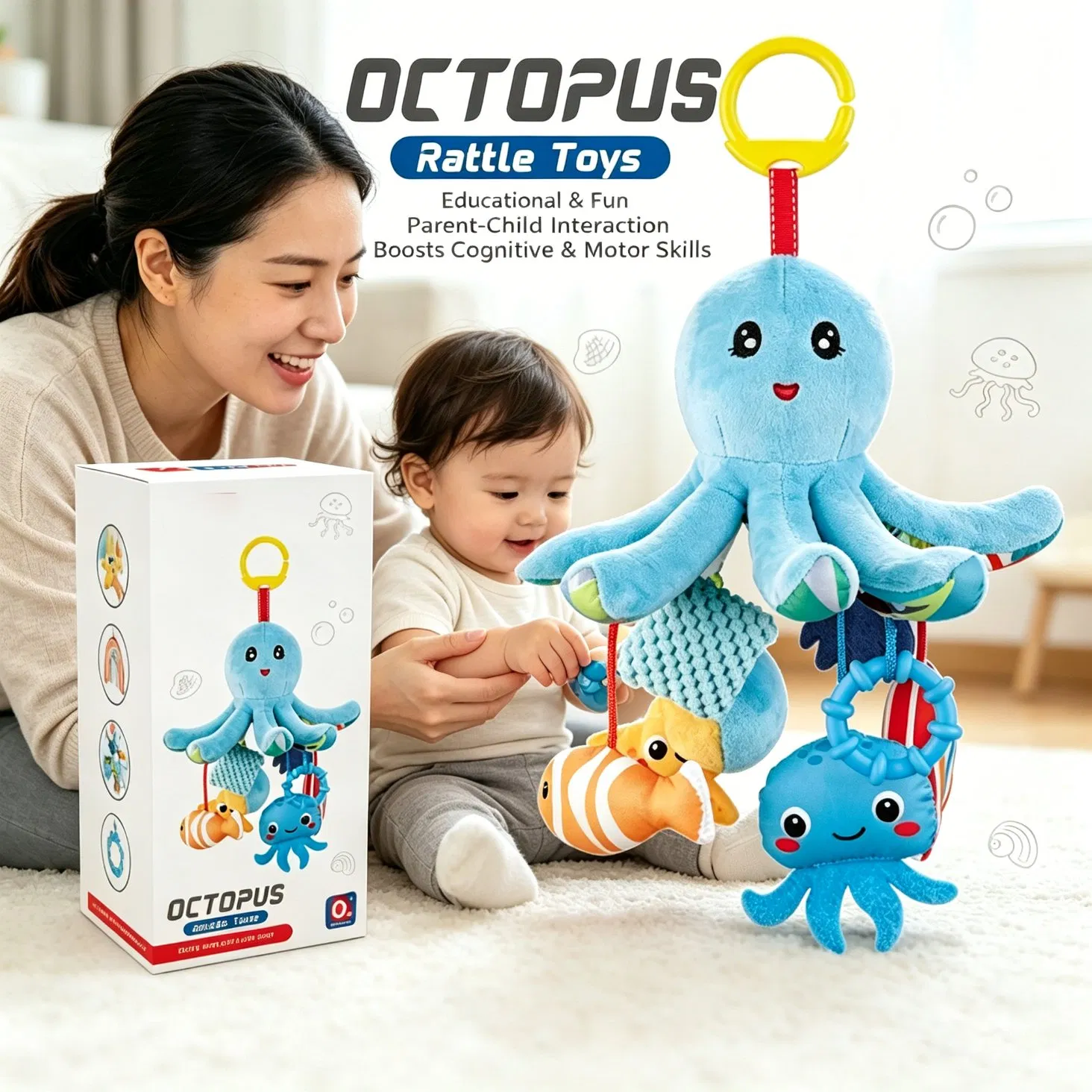 Nijia New Baby Toys High Quality Finger Training Soft Plush Stuffed Rattles Trending Octopus Appearance Lathe Hanging Toys Filled PP Cotton Educational Toys