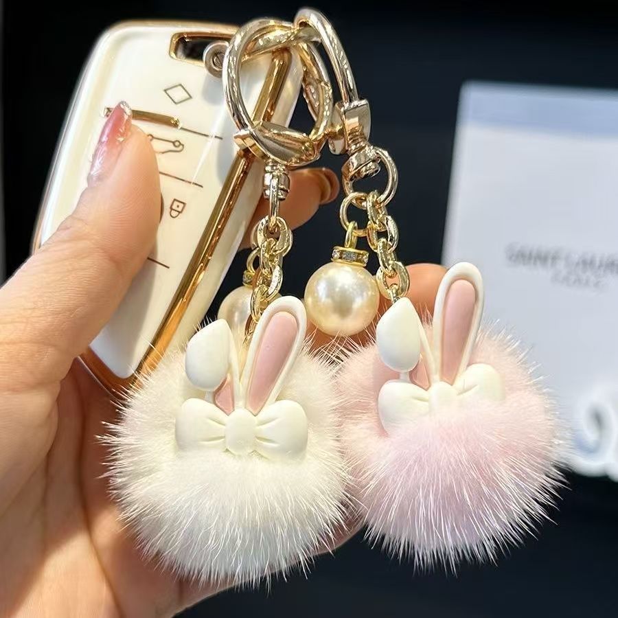 Hot Selling Cute Furry Ball Bunny Car Keychain Pendant Soft Korean Inspired Plush Toy for Doll Bag Decoration