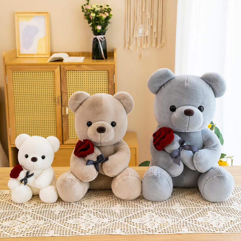 Factory Wholesale Cartoon Kawaii Customised Valentine Gift Lovely Hand-held Bow Rose Teddy Bear Plush Pillow Toy Mother's Day