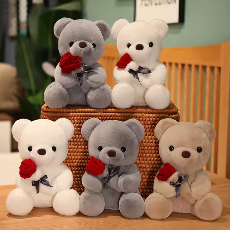 Factory Wholesale Cartoon Kawaii Customised Valentine Gift Lovely Hand-held Bow Rose Teddy Bear Plush Pillow Toy Mother's Day