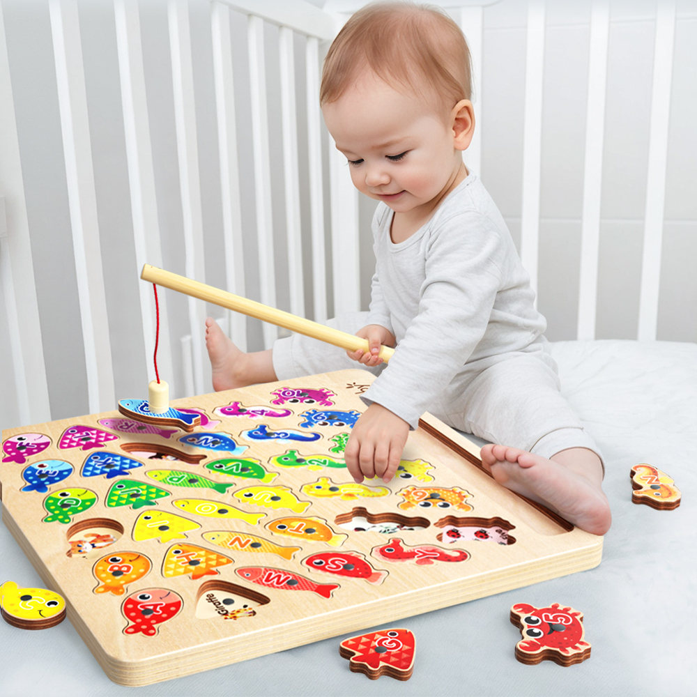 Wooden Montessori Educational Toys for Toddlers 1-3 Years Sensory 36-Piece Magnetic Fishing Sorting Puzzle