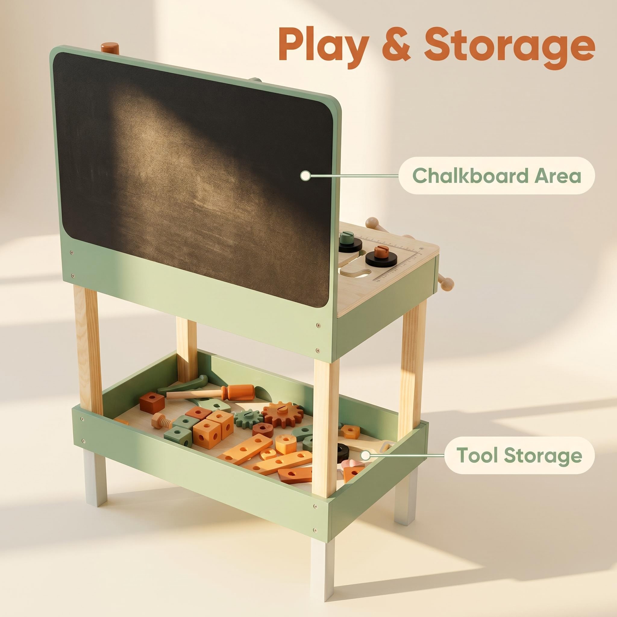 Wooden Construction Engineering Workshop Playsets for Kids Multifunctional Tool Workbench Toy with Blackboard Accessories