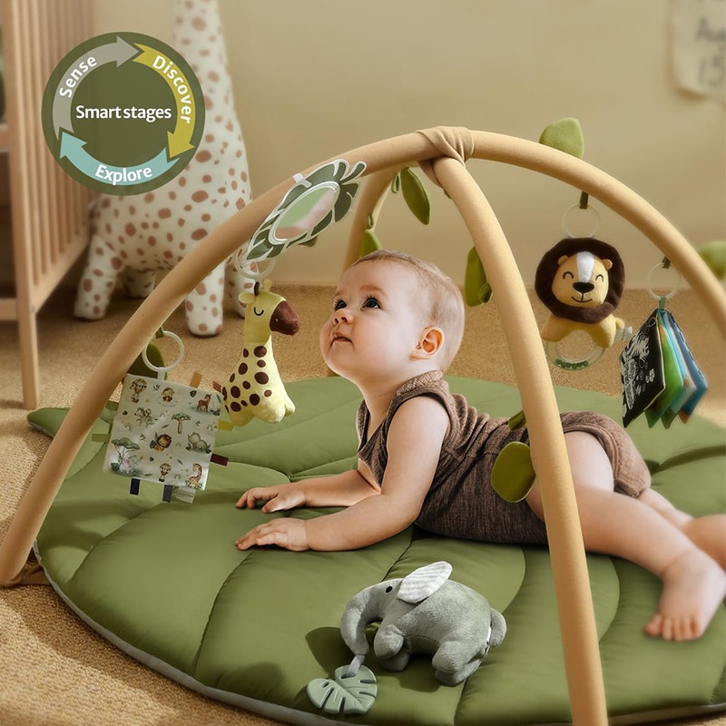 Luxury Padded Leaf Baby Play Mat With Arches Multifunctional Jungle Activity Gym Including Tactile Giraffe And Lion Rattle Toys