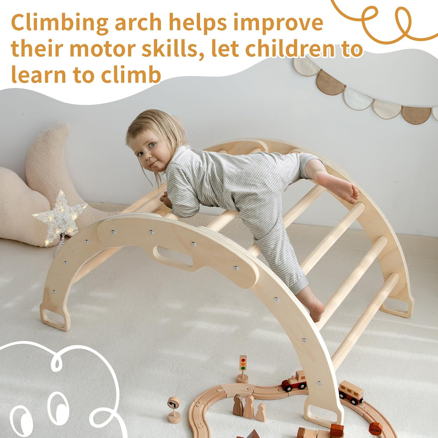 LM KIDS Wooden Kids Multi-functional Rainbow Arch Rocking Boat &amp; Chair Toddler Indoor Playground Kids Educational Wooden Toy