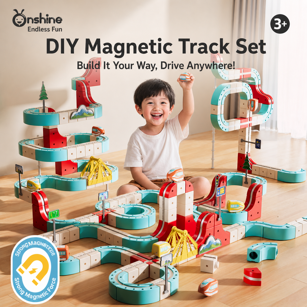 STEM Magnetic Plastic Building Blocks Train Set 100PCS Stacking Race Track Construction Toy Anti-Gravity Magnetic Cars Ages 4-6