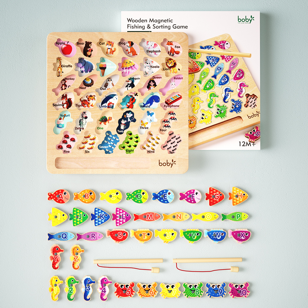 Wooden Montessori Educational Toys for Toddlers 1-3 Years Sensory 36-Piece Magnetic Fishing Sorting Puzzle