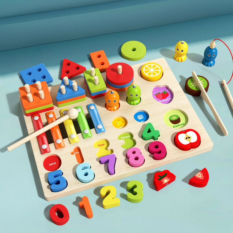 Children Wooden Educational Toy 3-in-1 Fishing Xylophone Column Board Toy Color Cognitive Kids Wooden Toys