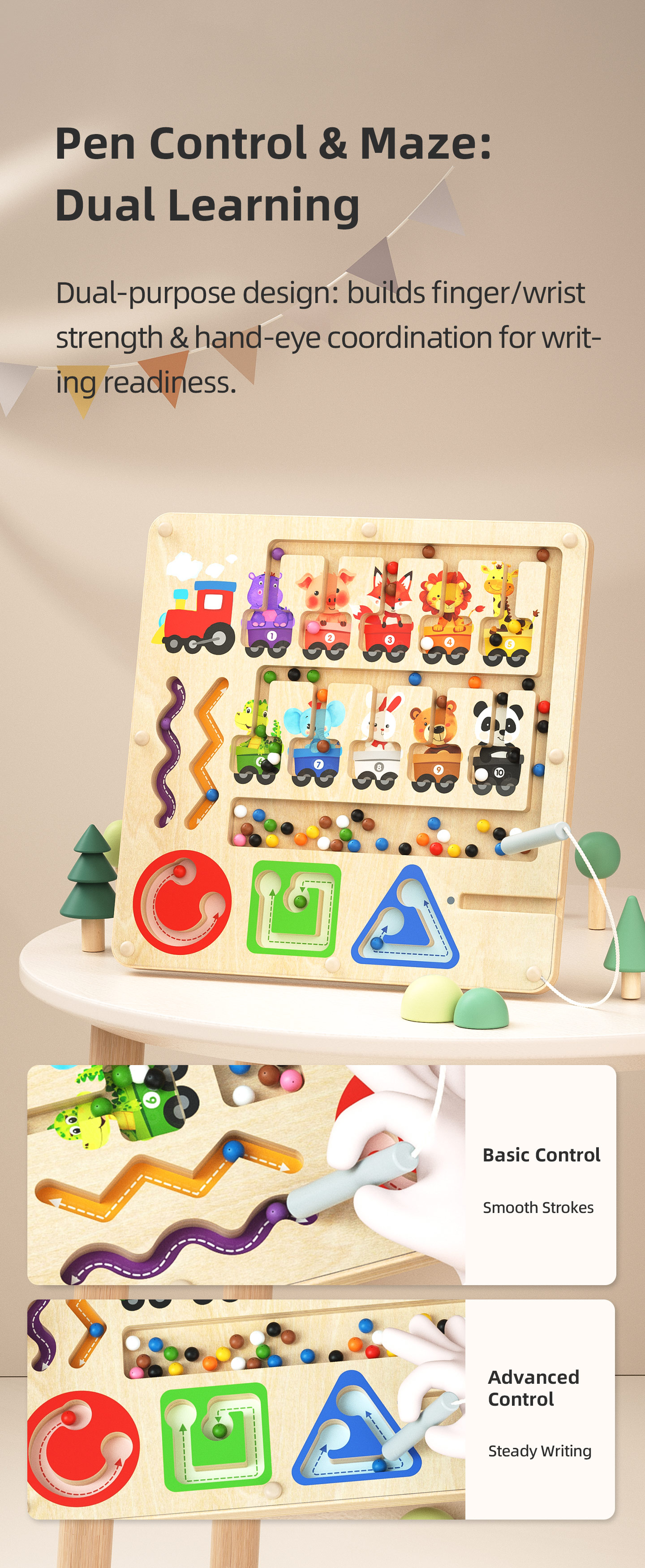 Wooden Montessori Educational Toys for Toddlers 1-3 Years Sensory Number Shape Magnetic Maze