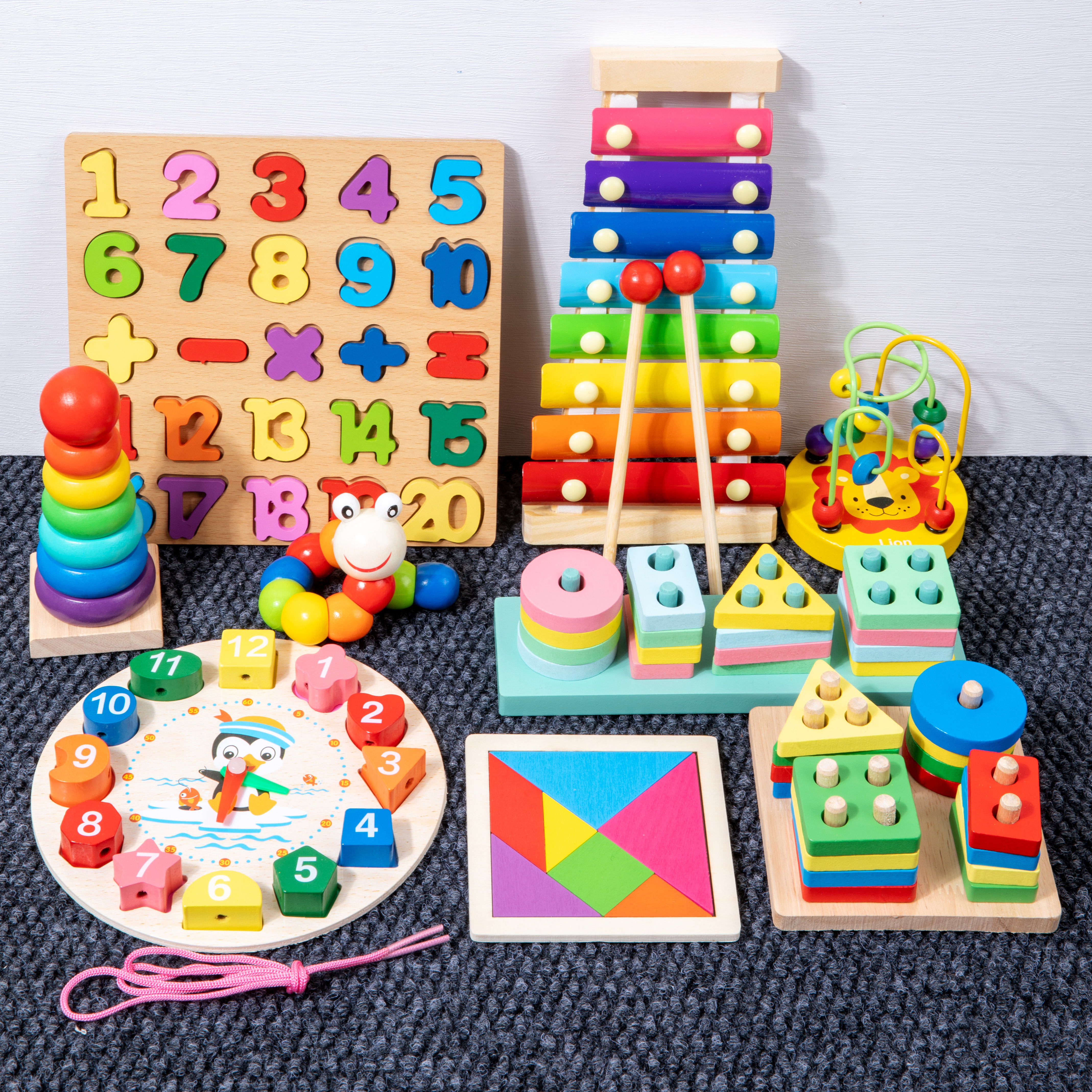 Montessori Early Education Children's Wooden Xylophone Toy and Shaped Cognitive Board Puzzle Set of 11 Types
