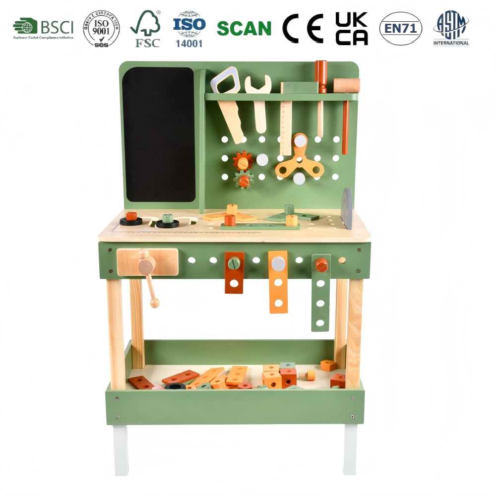 Wooden Construction Engineering Workshop Playsets for Kids Multifunctional Tool Workbench Toy with Blackboard Accessories