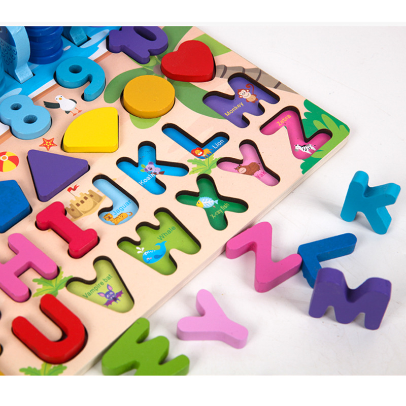 6 in 1 Wooden Multifunctional Fishing Game Matching Cognitive Board Children Early Educational Wooden Montessori Toys