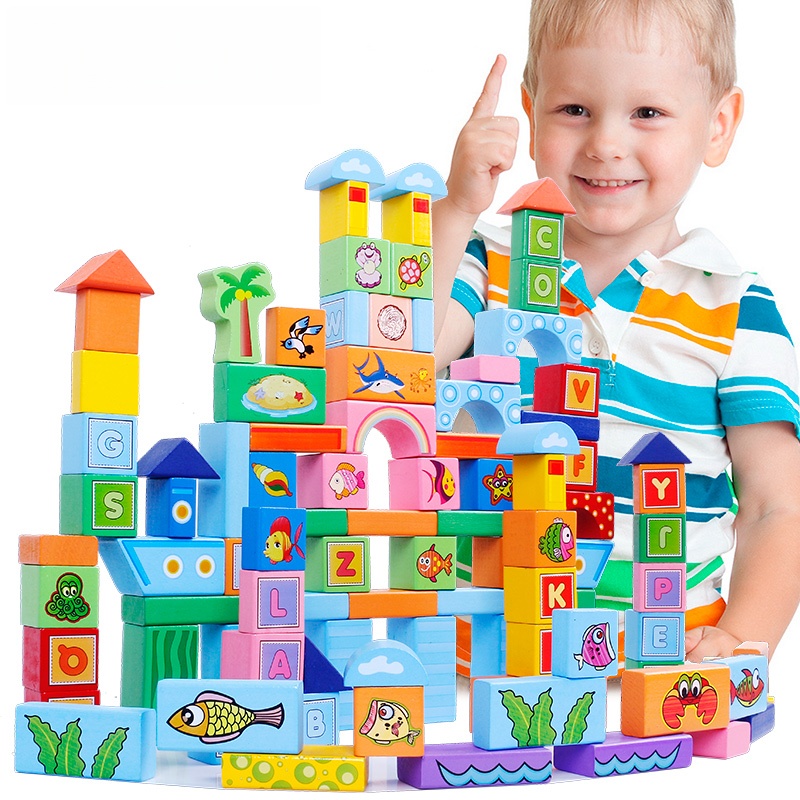 Children Wooden 100-Piece DIY Stacking Building Block Sets Kit Montessori Educational Famous Buildings Toy for Kids Boys Girls