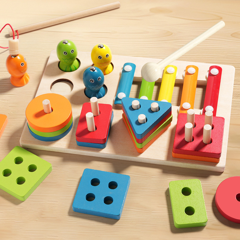 Children Wooden Educational Toy 3-in-1 Fishing Xylophone Column Board Toy Color Cognitive Kids Wooden Toys