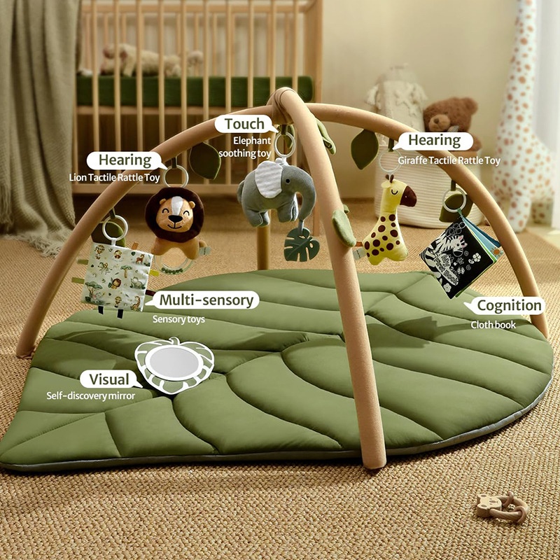 Luxury Padded Leaf Baby Play Mat With Arches Multifunctional Jungle Activity Gym Including Tactile Giraffe And Lion Rattle Toys