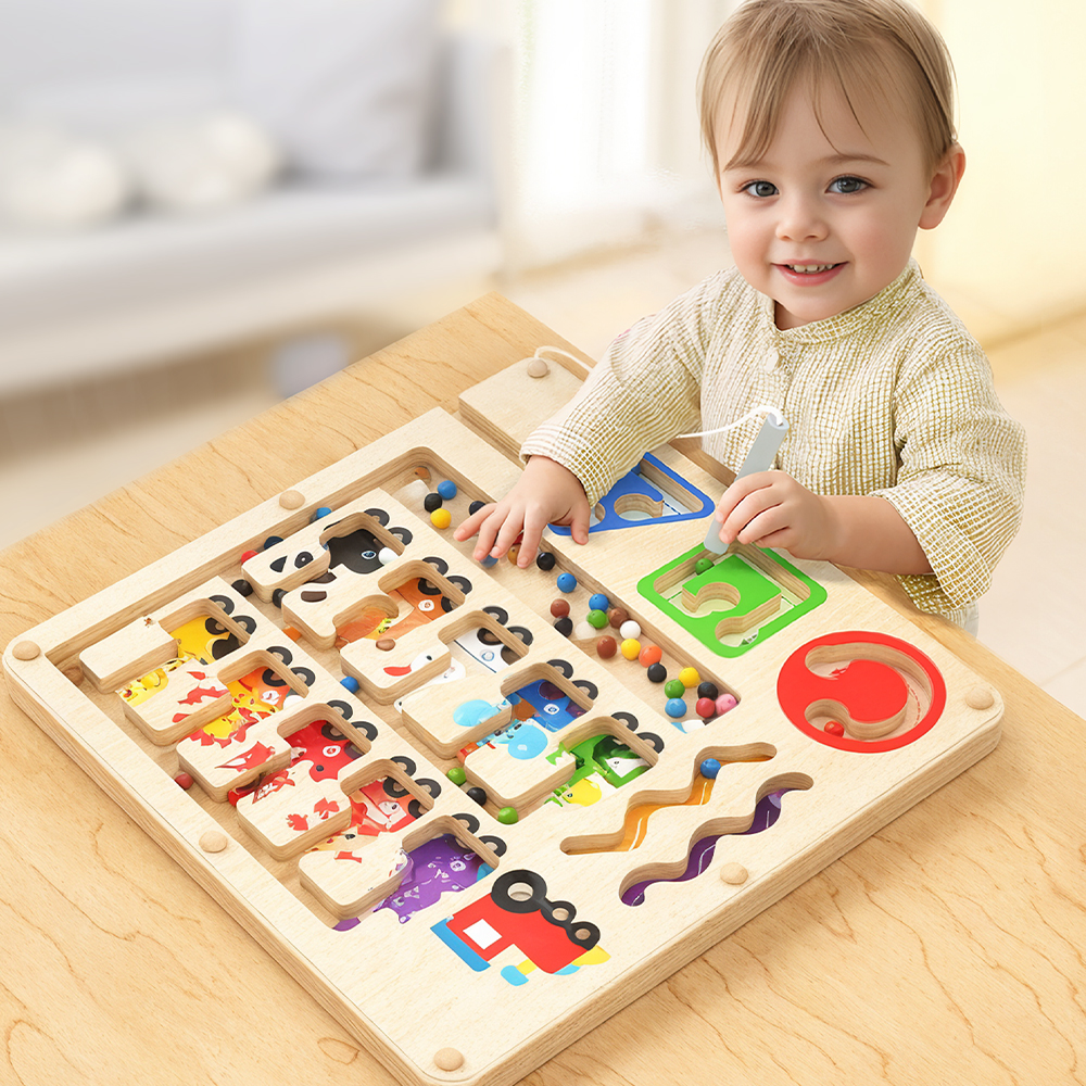 Wooden Montessori Educational Toys for Toddlers 1-3 Years Sensory Number Shape Magnetic Maze