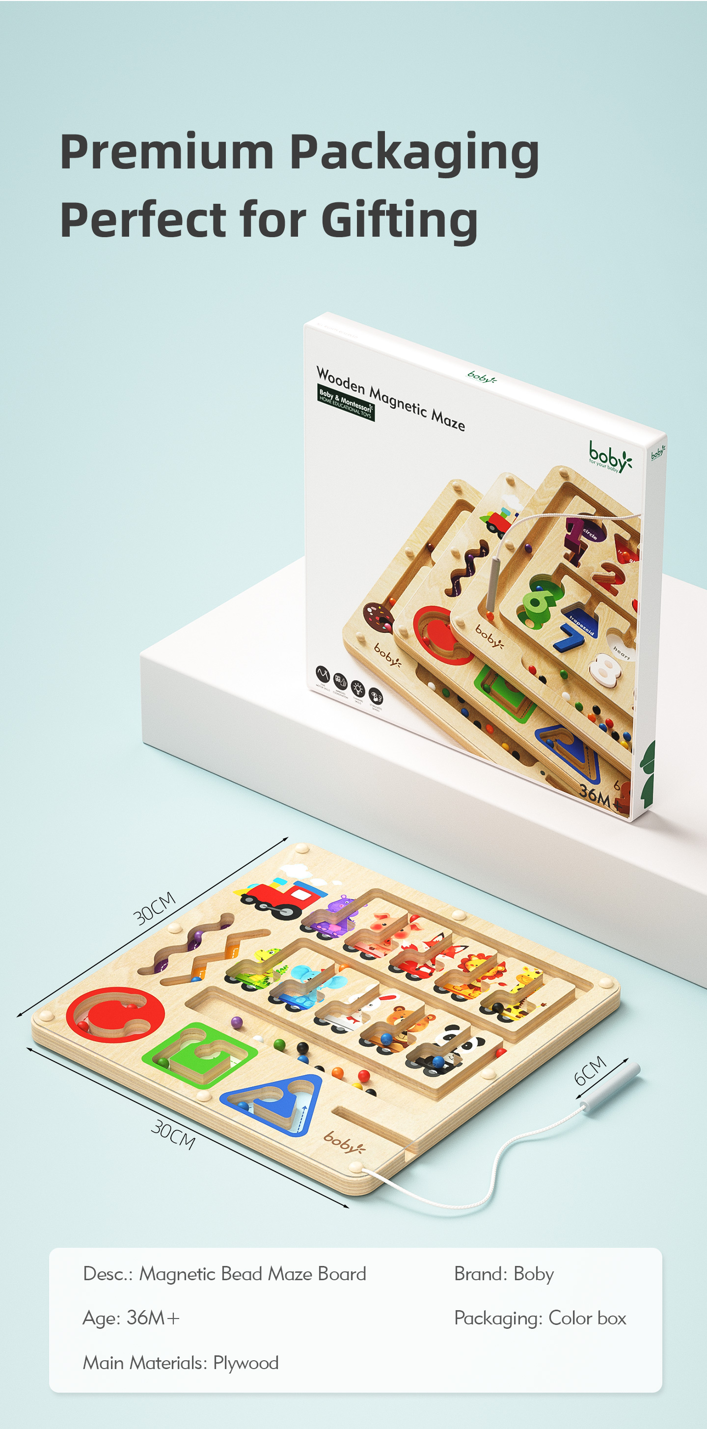 Wooden Montessori Educational Toys for Toddlers 1-3 Years Sensory Number Shape Magnetic Maze