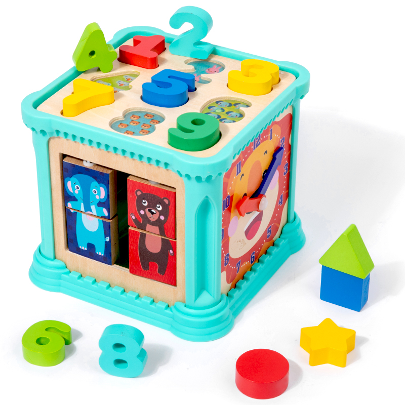 Preschool Montessori Wooden Shape Matching Toy-Multi-functional Educational Cube for Kids