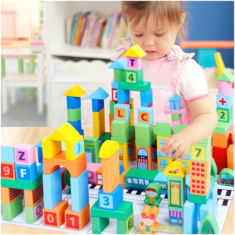 Children Wooden 100-Piece DIY Stacking Building Block Sets Kit Montessori Educational Famous Buildings Toy for Kids Boys Girls