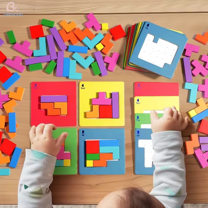 Wooden 3D Interactive Desktop Puzzle Educational Games for Kids Building Blocks Board Color Shape Montessori Tangram Puzzle Toys