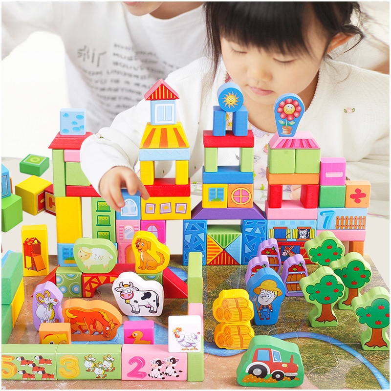 Children Wooden 100-Piece DIY Stacking Building Block Sets Kit Montessori Educational Famous Buildings Toy for Kids Boys Girls