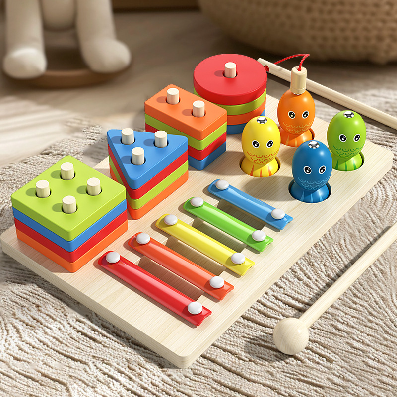 Children Wooden Educational Toy 3-in-1 Fishing Xylophone Column Board Toy Color Cognitive Kids Wooden Toys