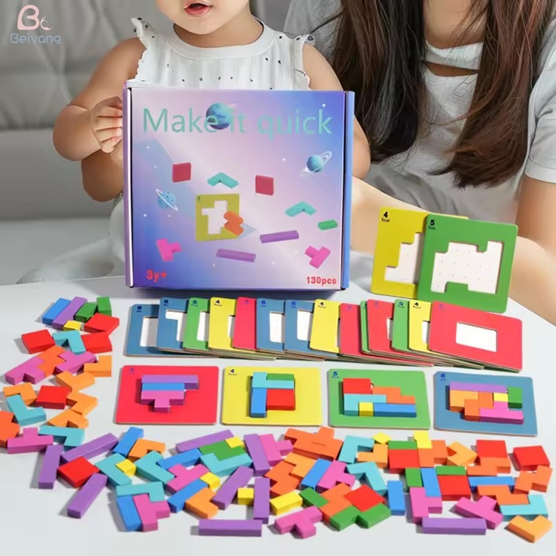 Wooden 3D Interactive Desktop Puzzle Educational Games for Kids Building Blocks Board Color Shape Montessori Tangram Puzzle Toys