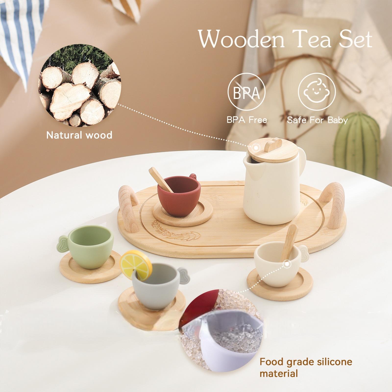 Children's Silicone Wooden Kitchen Afternoon Tea Coffee Set MDF Educational Pretend Play House with Simulation Features Toy