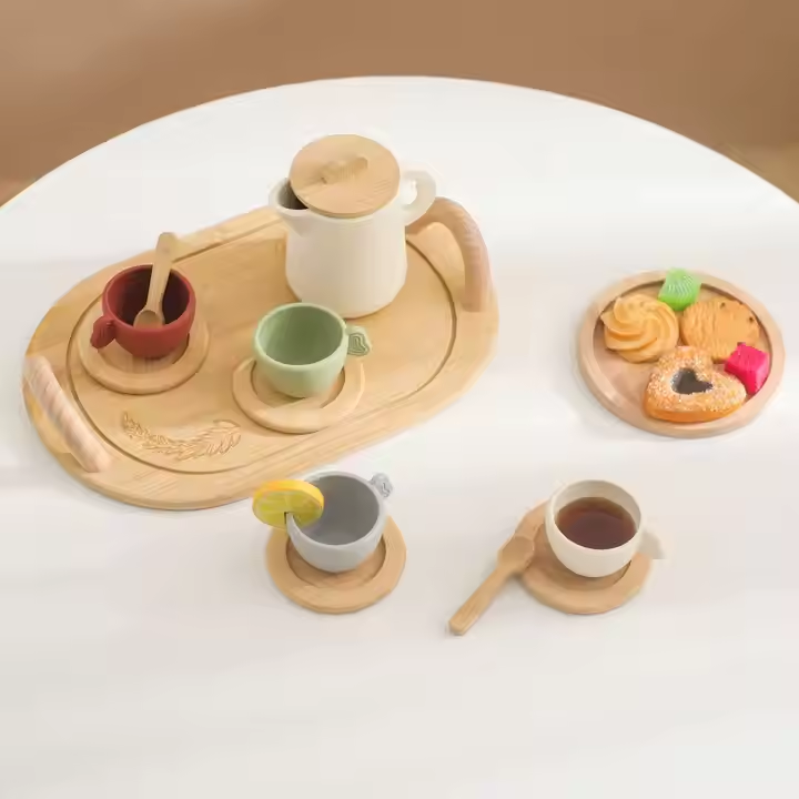 Children's Silicone Wooden Kitchen Afternoon Tea Coffee Set MDF Educational Pretend Play House with Simulation Features Toy