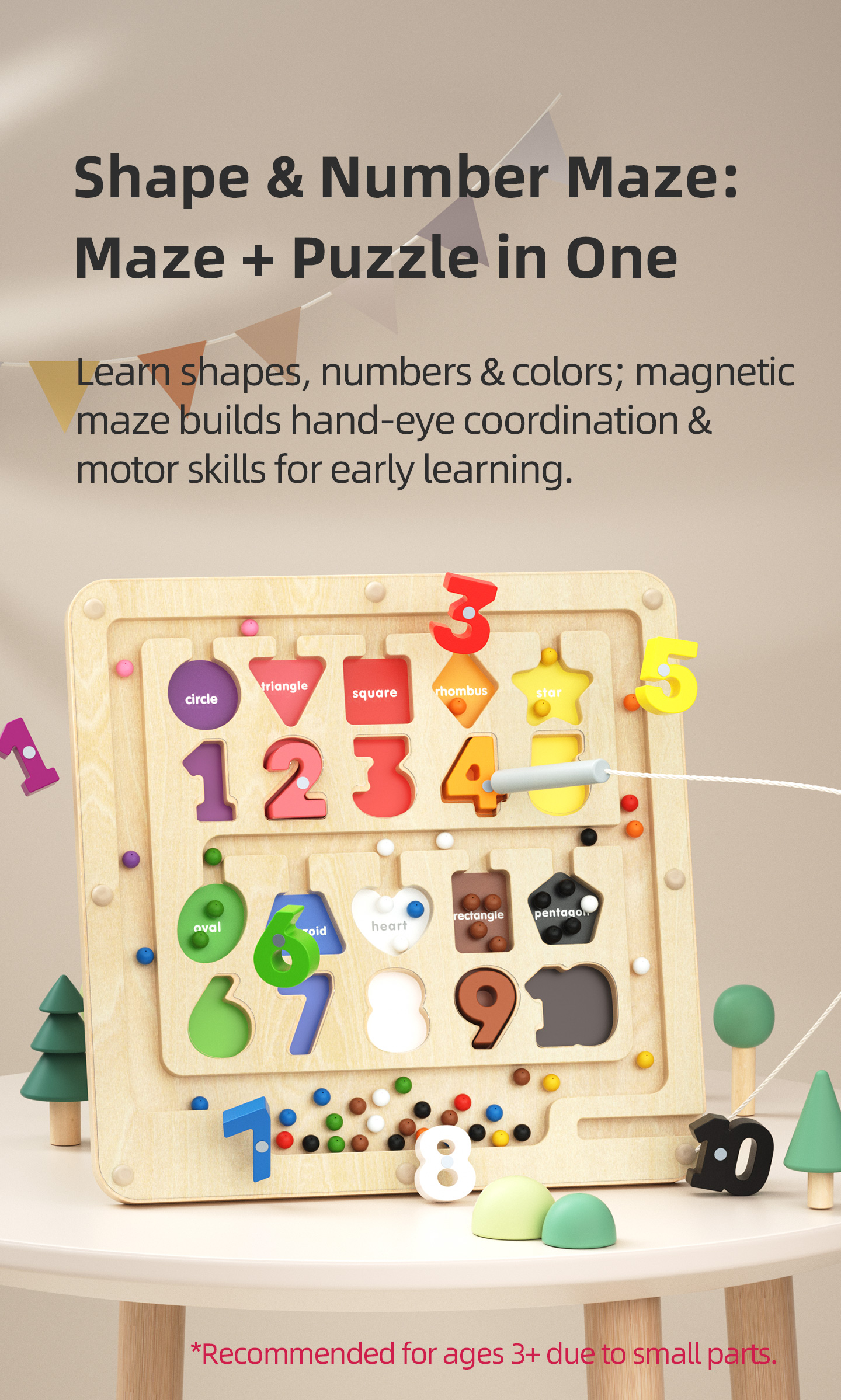 Wooden Montessori Educational Toys for Toddlers 1-3 Years Sensory Number Shape Magnetic Maze