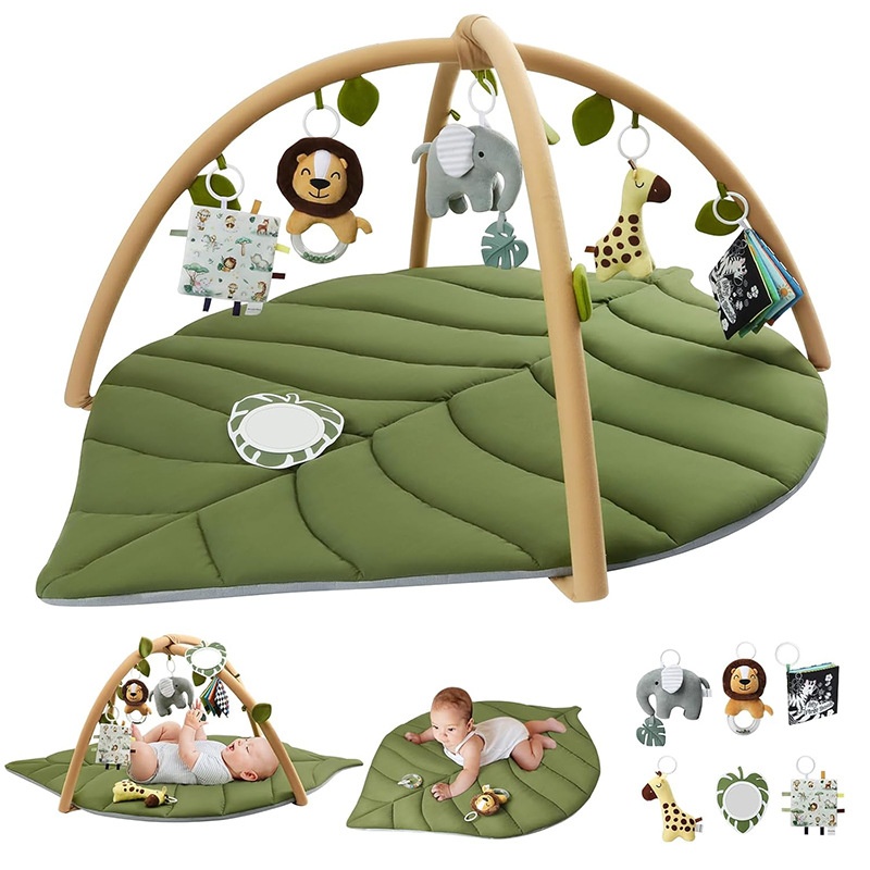 Luxury Padded Leaf Baby Play Mat With Arches Multifunctional Jungle Activity Gym Including Tactile Giraffe And Lion Rattle Toys