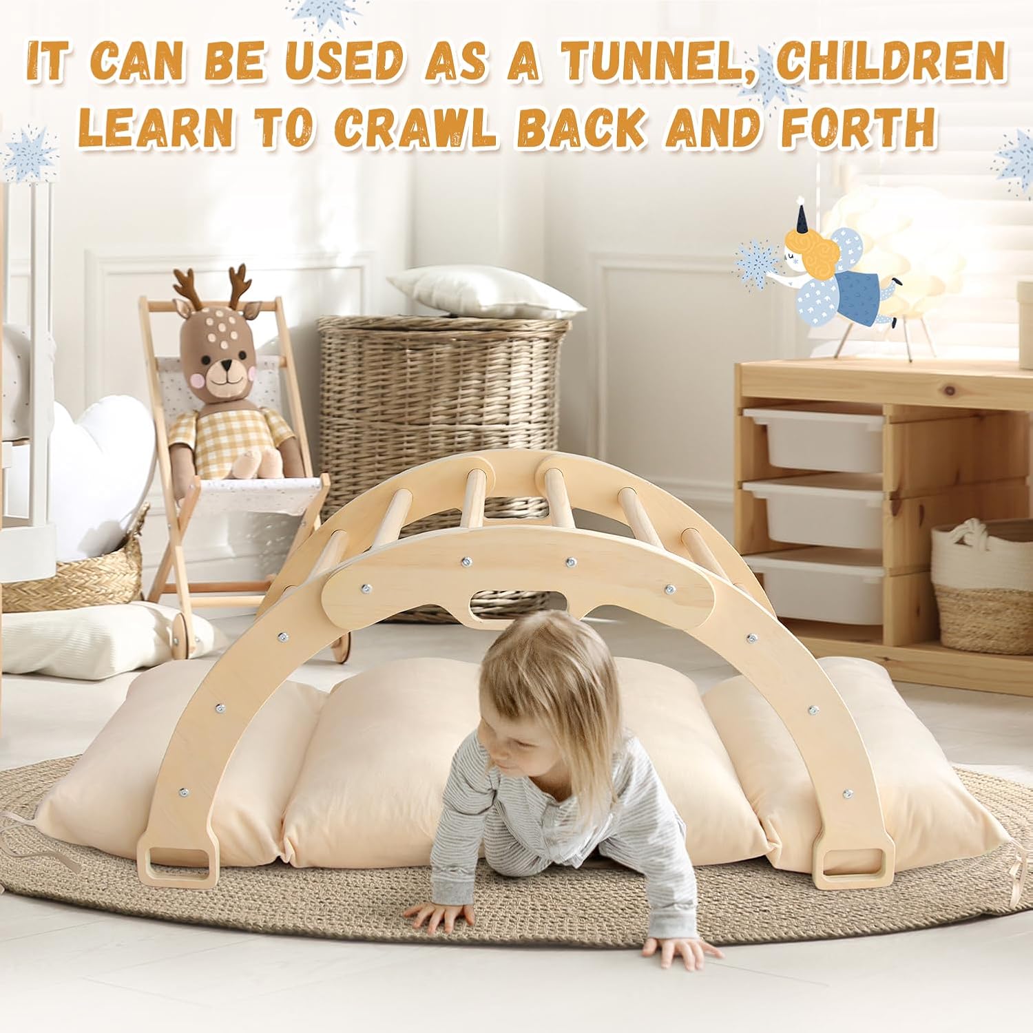 LM KIDS Wooden Kids Multi-functional Rainbow Arch Rocking Boat &amp; Chair Toddler Indoor Playground Kids Educational Wooden Toy