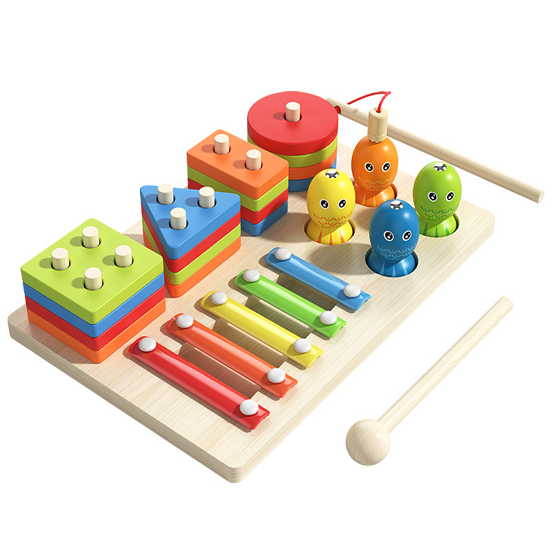 Children Wooden Educational Toy 3-in-1 Fishing Xylophone Column Board Toy Color Cognitive Kids Wooden Toys