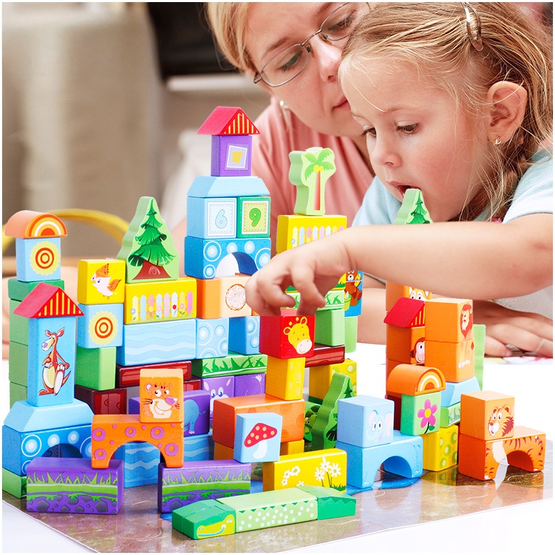 Children Wooden 100-Piece DIY Stacking Building Block Sets Kit Montessori Educational Famous Buildings Toy for Kids Boys Girls