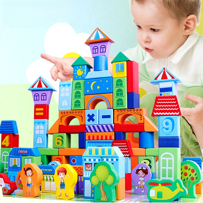 Children Wooden 100-Piece DIY Stacking Building Block Sets Kit Montessori Educational Famous Buildings Toy for Kids Boys Girls