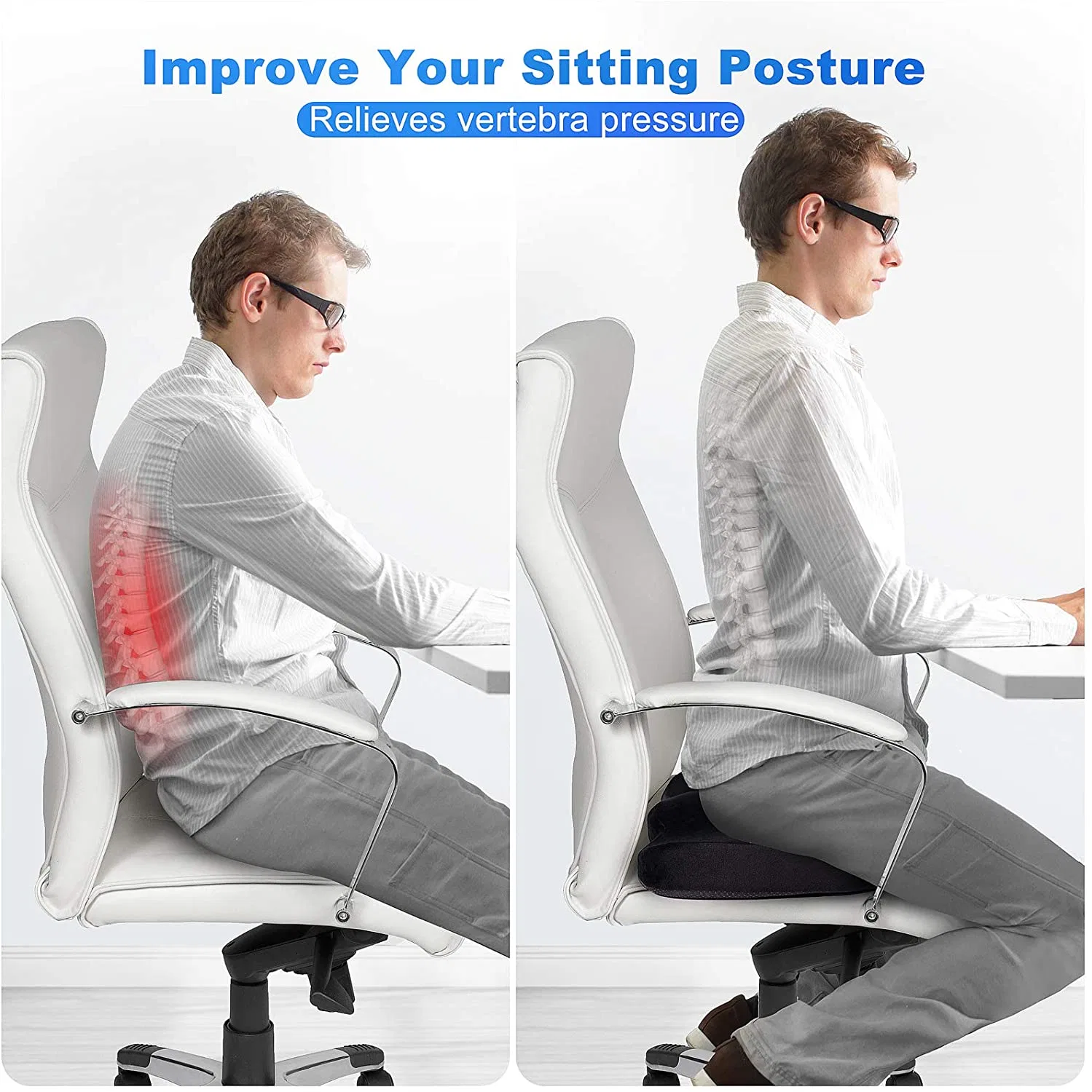 Memory Foam Seat Cushionback &amp; Tailbone Pain Relief Orthopedic Chair Pad for Support in Office Desk Chair, Car