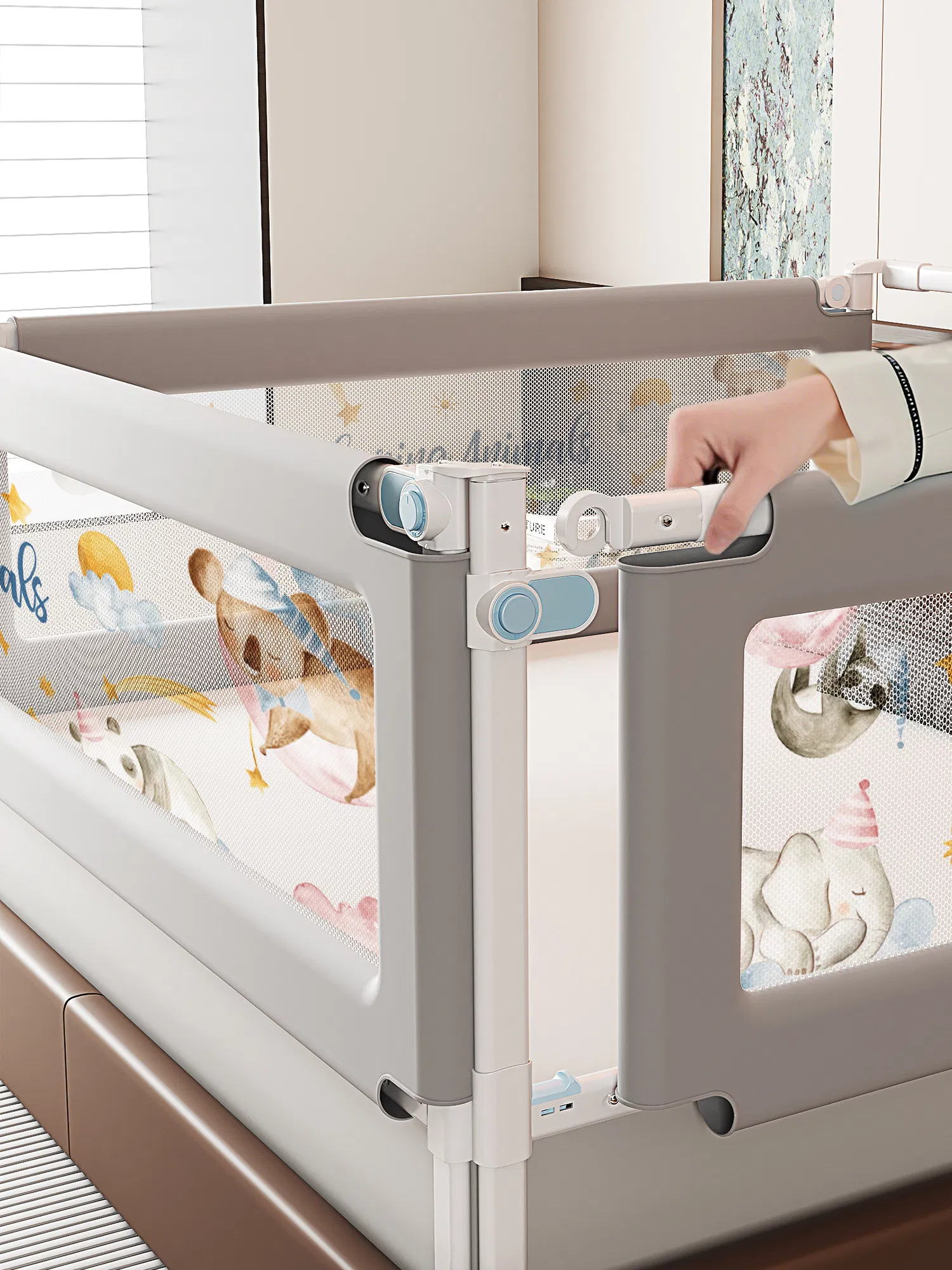 Safe &amp; Secure Adjustable Baby Bed Rail with One-Button Lift Feature