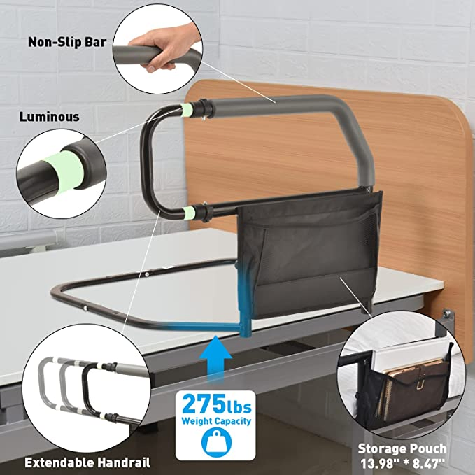 Heinsy Medical Adjustable Bed Assist Bar Fall Prevention Safety Hand Guard Grab Bar for Elderly with Storage Pocket Adult Bed Rail
